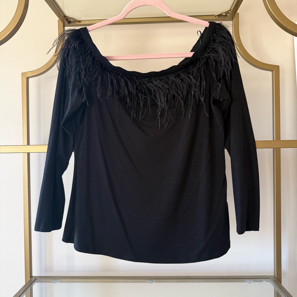 Vince Camino Black Off-Shoulder Feather Top Size M